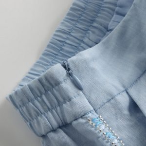 Alternative view of Hand-Beaded Embroidered Loose-Fit Shorts Set for Women（blue） | 钉珠绣花宽松无袖苎麻短裤