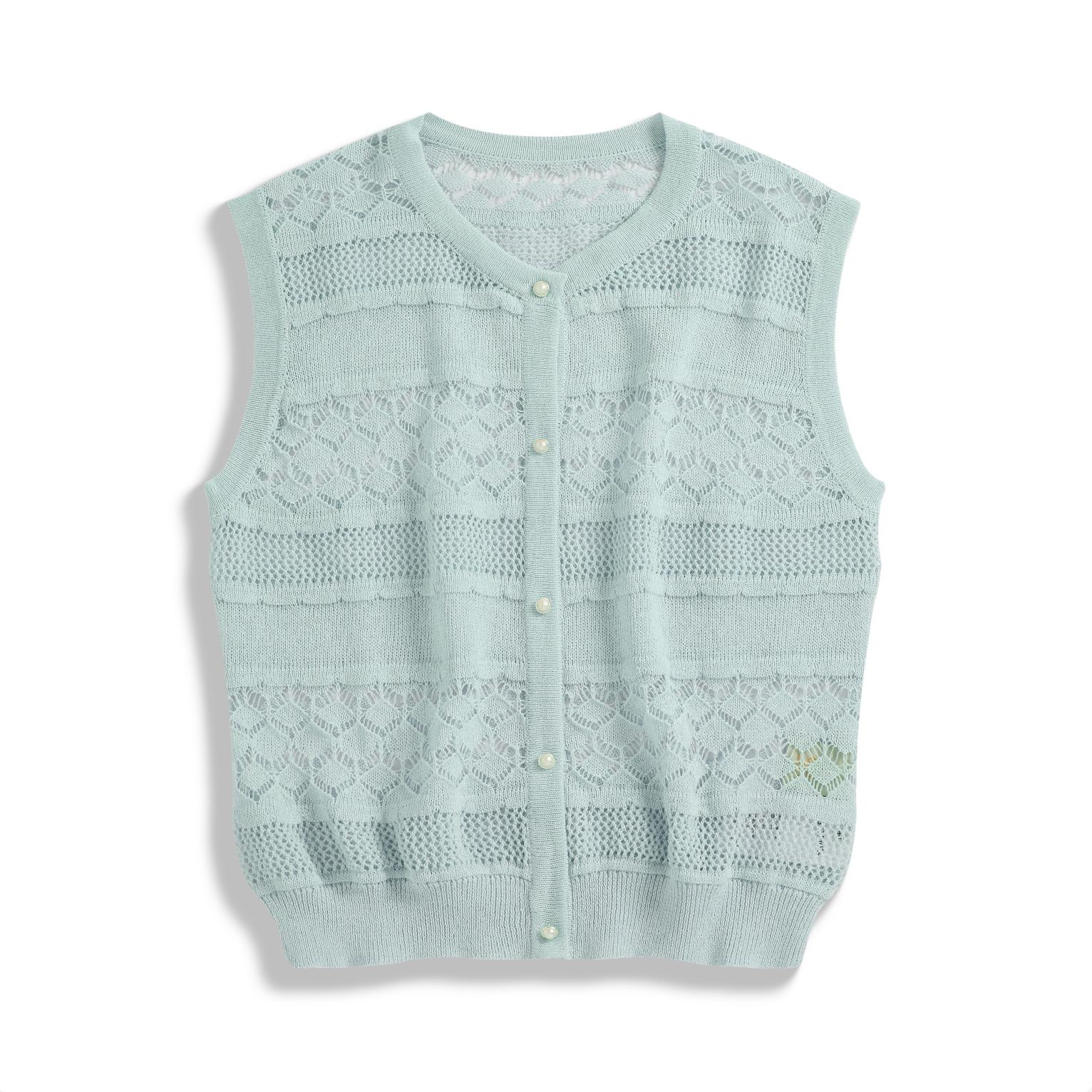 Washi Yarn Plant Fiber Openwork Knit Top(Sky Blue) | /兰时纪 日本进口和纸纱植物纤维 镂空针织衫