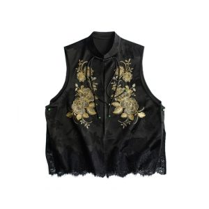 Guanle Crepe Beaded Vest - Black Silk Special Crepe with Gold Embroidery and ...