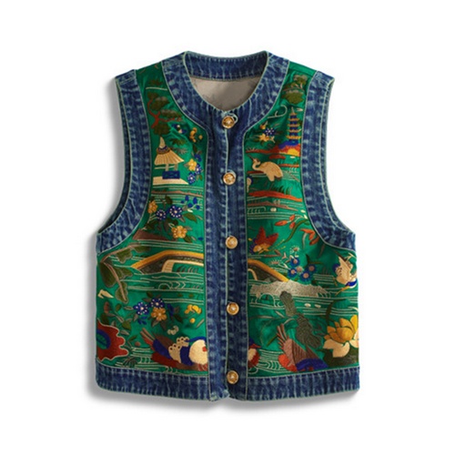 Zen Oriental Embroidery Vest - Green Denim with Traditional Chinese Motifs Go...