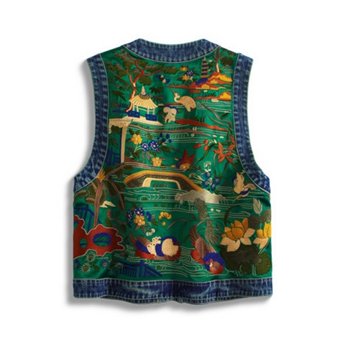 Zen Oriental Embroidery Vest - Green Denim with Traditional Chinese Motifs Go... - Image 3