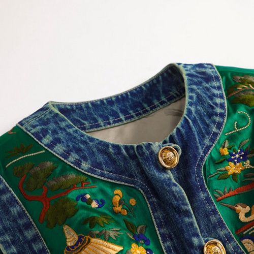Zen Oriental Embroidery Vest - Green Denim with Traditional Chinese Motifs Go... - Image 4