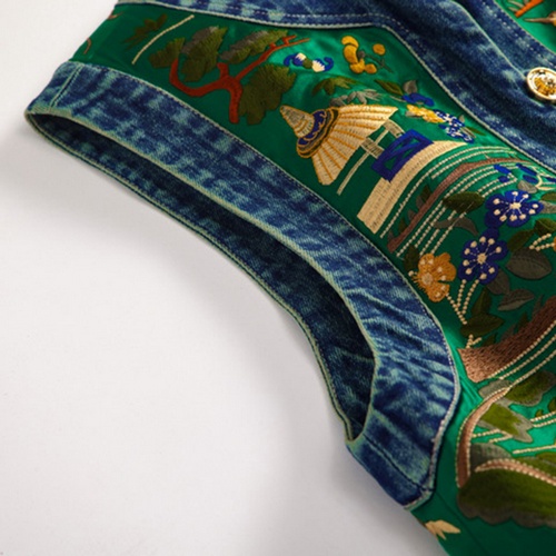 Zen Oriental Embroidery Vest - Green Denim with Traditional Chinese Motifs Go... - Image 5