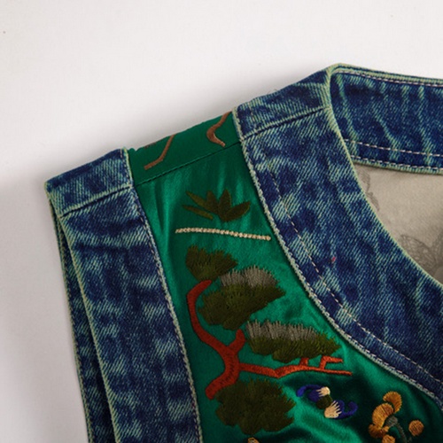 Zen Oriental Embroidery Vest - Green Denim with Traditional Chinese Motifs Go... - Image 8