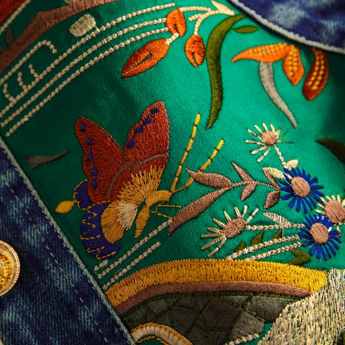Zen Oriental Embroidery Vest - Green Denim with Traditional Chinese Motifs Go... - Image 9