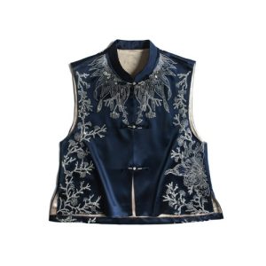 Phoenix Feather Sequin Embroidery Vest - Navy Blue Sleeveless Top with Detail...
