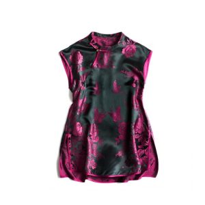 Genuine Silk Vintage Satin Short Qipao Cheongsam with Floral Embroidery and E...