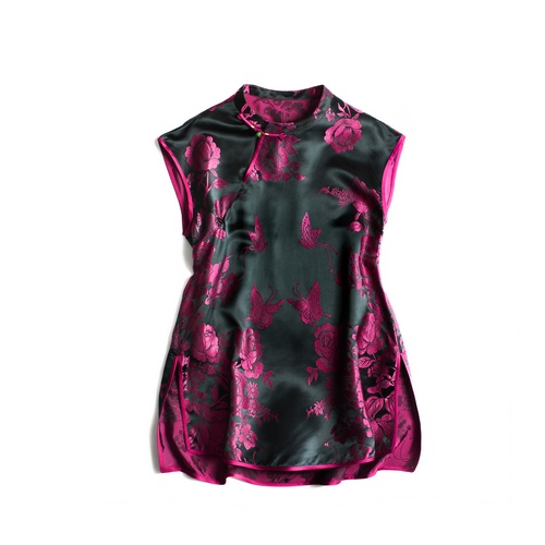 Genuine Silk Vintage Satin Short Qipao Cheongsam with Floral Embroidery and E...