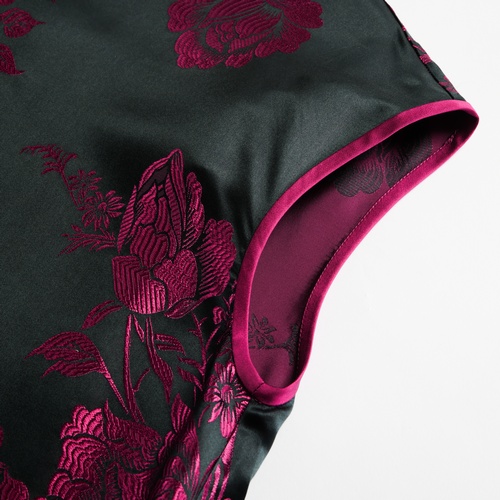 Genuine Silk Vintage Satin Short Qipao Cheongsam with Floral Embroidery and E... - Image 7
