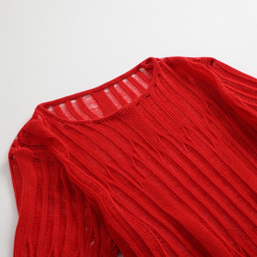 Red Summer Capsule Asymmetrical Ramie & Lenzing Lyocell Knitted Top for Women - Image 3