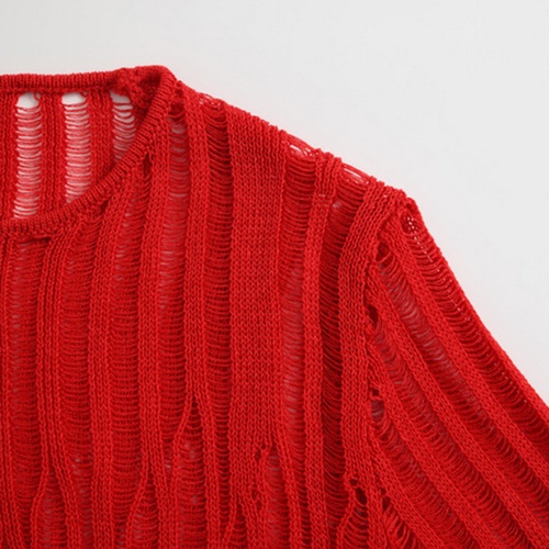 Red Summer Capsule Asymmetrical Ramie & Lenzing Lyocell Knitted Top for Women - Image 4