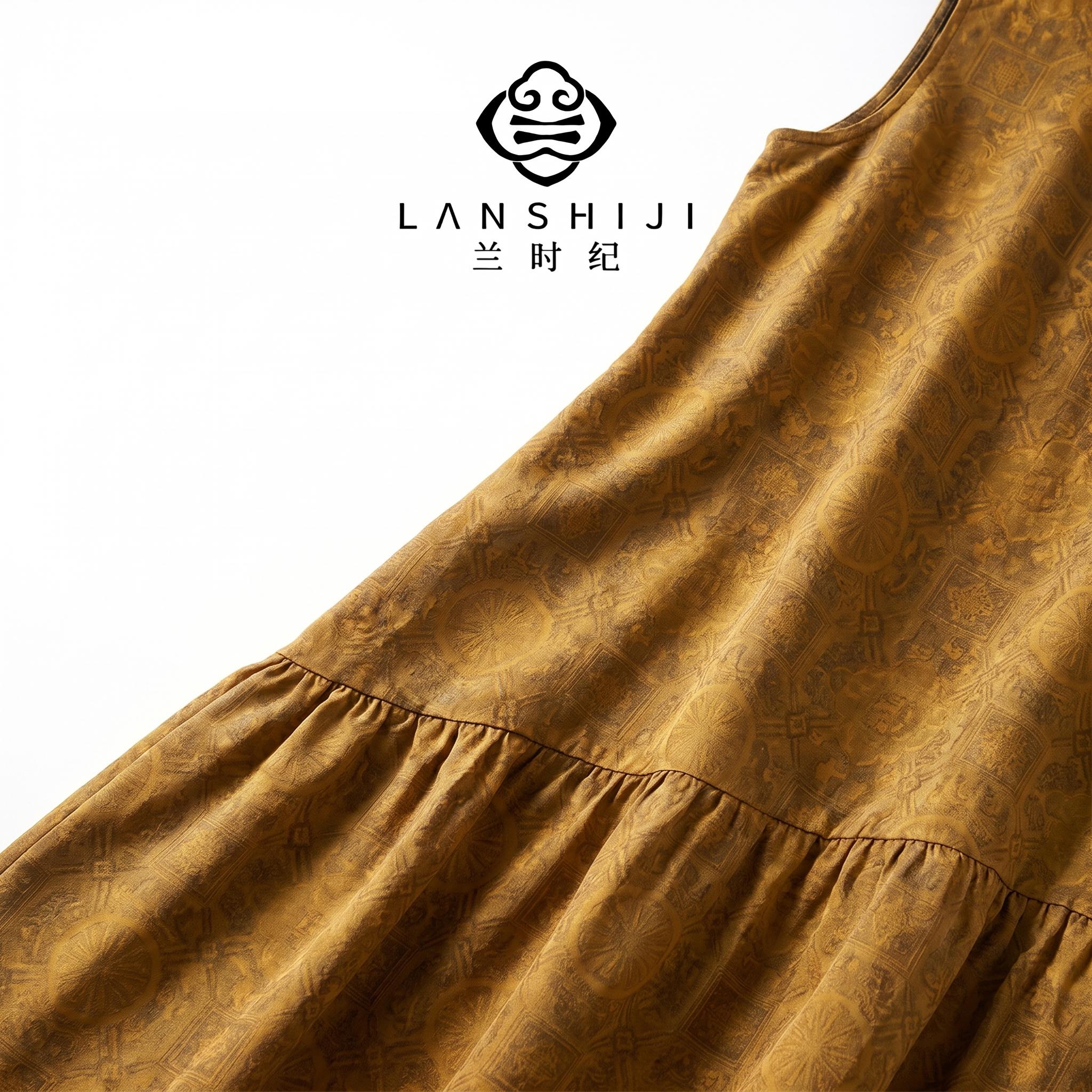 上久楷五彩霞锦香云纱连衣裙(黄) Shang jiu kai multicolored brocade Xiang yun sha dress - Image 3