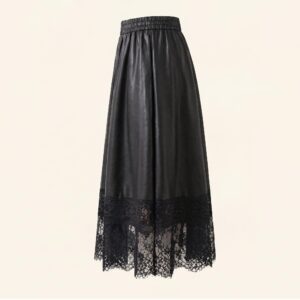 Alternative view of 黑色香云纱黑龟拼蕾丝大摆裙 Black Xiangyun yarn and black tortoise-patterned lace maxi skirt