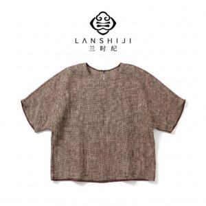 咖色亚麻色织短袖上衣 Brown Linen yarn‑dyed short‑sleeve top