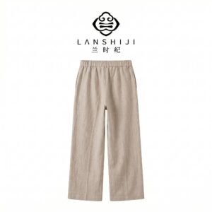 Alternative view of 卡其色老钱风亚麻直筒裤 Khaki old-money style linen straight leg pants