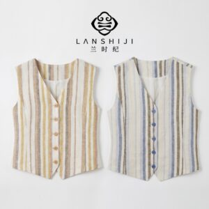 蓝色/黄色南法假日亚麻色织条纹马甲 Blue/Yellow French Holiday Linen Yarn-dyed Striped Waistcoat